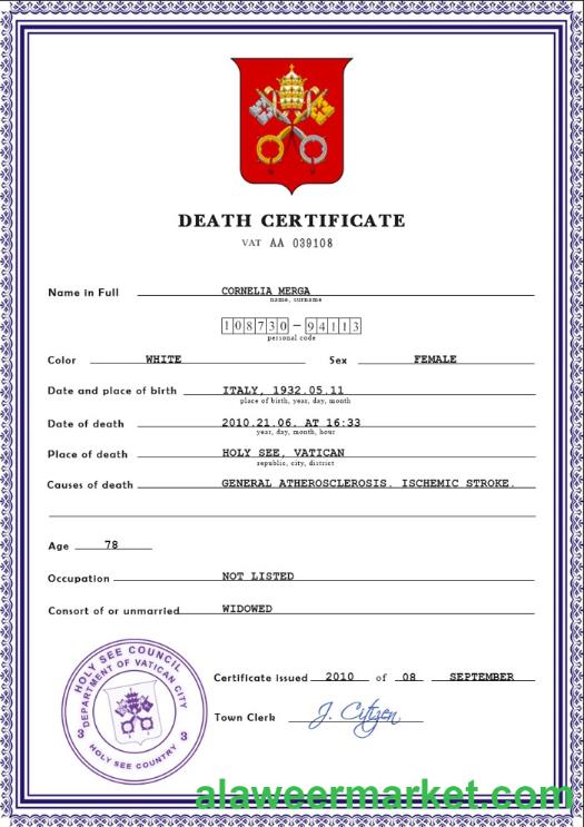 Holy See vital record death certificate PSD template